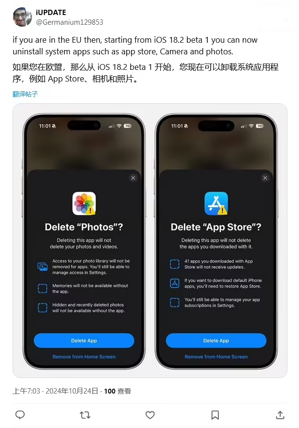 民权苹果手机维修分享iOS 18.2 支持删除 App Store 应用商店 