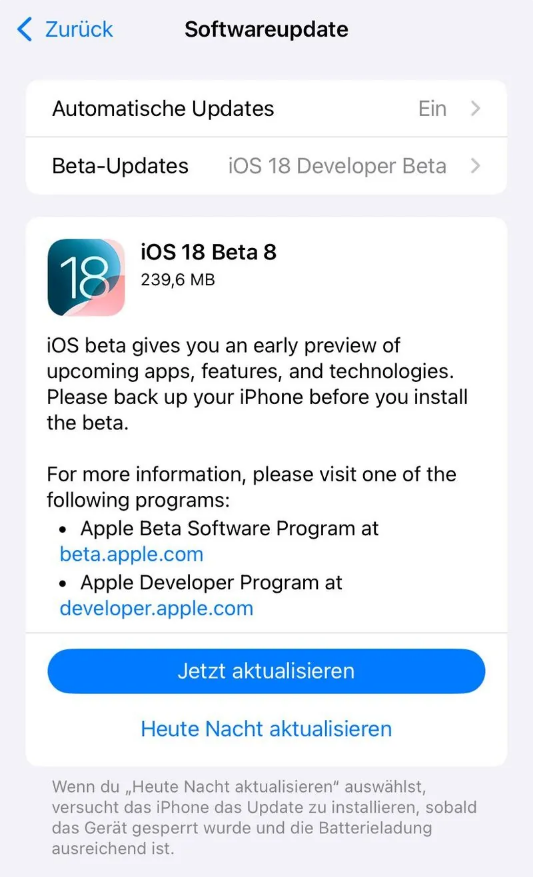 民权苹果手机维修分享苹果 iOS / iPadOS 18 开发者预览版 Beta 8 发布 